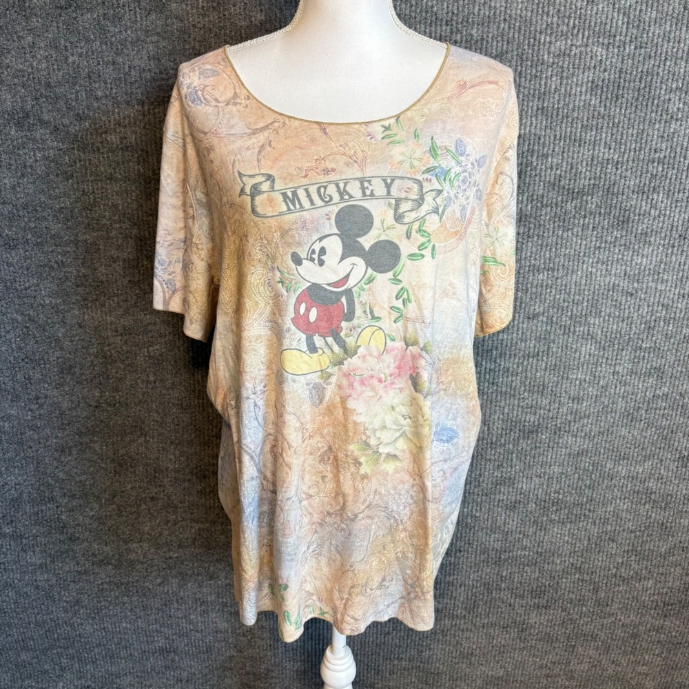Disney Mickey Mouse Floral Tunic Top Womens Oversized Beige Cottagecore Y2K